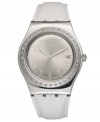 Style stays crisp with white color and crystal on this White Fan watch from Swatch.