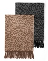 A black and grey leopard print cashmere scarf adds a fierce element to your winter wardrobe.