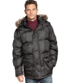 Suit up for the season with the sleek urban feel of this quilted water-resistant puffer parka, complete with a faux-fur-trimmed hood, from Perry Ellis. Suit up for the season with the sleek urban feel of this quilted water-resistant puffer parka, complete with a faux-fur-trimmed hood, from Perry Ellis.