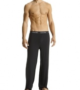 Sexy-fit with contour shapes, soft hand with luxurious drape. Exposed waistband style pajama pants.