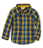 Colorful plaid peps up this Pearls & Popcorn sport shirt--a cool weather essential with jeans or corduroys.