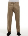 Lightweight stretch, basic twill pants. Flat front straight leg style with zip fly, tab closure. Side slit pockets and back welt pockets. Unlined.