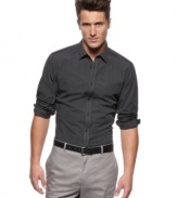 This dark woven shirt is a modern take on the pinstripe to make a bold boardroom impression.
