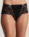 The Elle Macpherson Artistry Culotte is beautiful boy short style panty decorated with lace and ribbon details. A cute shortie cut paired with lace and ribbon accents for playful, pretty style. Sheer mesh in the front and back gives these panties a fun, peek-a-boo personality. Gorgeous lace trim dresses up the waist and sides with unique satin ribbon interwoven along the front. Cotton gusset.