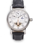 THE LOOKSingle hand marks minutes on large dial; sub-dials mark hours, day/night and 24-hourRound stainless steel case, 38mm (1.5)Textured bezelWhite multi-function dial with transparent detailNumeral minute markersTransparent case backBlack croc-print leather strapWater resistant to 3 ATMTHE MATERIALStainless steelCroc-print leatherORIGINImported