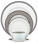 With the bands. Graphic and modern, the Parker Place place setting creates instant ambiance with rings of platinum, black and pale blue. Variation from piece to piece adds a playful sensibility to sleek bone china from kate spade new york.
