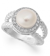 Perfectly polished. This exquisite ring combines a cultured freshwater pearl (7-1/2-8 mm), a halo of round-cut white topaz (1-1/10 ct. t.w.) and a unique setting in twisted sterling silver. Size 7.