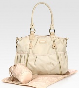 Sturdy and stunning for life on the go with your baby, in enduring nylon with faux leather trim and lots of thoughtful details.Double top handles, 10 dropRemovable, adjustable webbed shoulder strap, 16-25 dropTop zip closePleated, outside open pocketsOutside zipper detailInside open pocketsIncludes changing pad and insulated bottle caseInside clip-on case for phone, keys, credit card or lipstickFully linedNylon17W X 12H X 5DImported