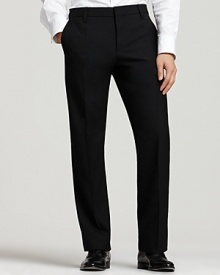 Flat front trousers with side slit pockets. Straight leg cut with a medium rise. Back button welt pockets. Zip fly and hook closure. Flat front trousers with side slit pockets. Straight leg cut with a medium rise. Back button welt pockets. Zip fly and hook closure.
