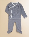 An adorable kimono-style top and pant set in soft cotton jersey.V-neckLong sleevesWrap front with ribbon tieSnap closure at hemElastic waistbandCottonMachine washImported Please note: Number of snaps may vary depending on size ordered. 