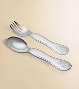 Handsomely crafted, silverplated baby spoon and fork are detailed with cuddly teddy bears. Arrives in a gift box Each, about 5 long Hand wash Made in France