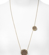 Try this versatile necklace with the larger pendant in front or switch to the smaller pendant in front. Wear it doubled or wrapped around and knotted like a lariat. For those sexy low-back dresses or shirts, drape it halfway down your back for real drama.
