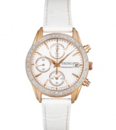 A call to elegance: Swarovski crystal accents, warm rose-gold and rich white leather create a gorgeous watch from Seiko.