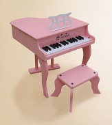 Award-winning baby grand is elegantly designed, yet extremely durable and sturdy. The 30 full-sized keys provide your child the opportunity to learn proper finger stretch, basic music concepts and playing skills. Chromatically tuned Chime-like notes Play-by-color with removable color strip Songbook included For ages 3 and up High gloss finish on hardboard 23 lbs. Piano: 20W X 19¼H X 20½D Bench: 12W X 9¼H X 5¾D Imported