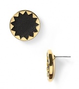 Designed by Nicole Richie, an adorable pair of sunburst button earrings is adorned with black leather and shiny 14 kt. yellow gold plating.