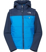 From The North Face®, a cleverly embellished quilted vest with knit sleeve insets for a just-right layer for those in-between autumn days.