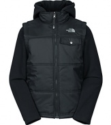 From The North Face®, a cleverly embellished quilted vest with knit sleeve insets for a just-right layer for those in-between autumn days.