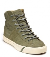 An updated hi-top sneaker, rendered in luxuriously soft nubuk leather, leather laces and camouflage lining.
