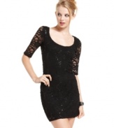 Own the night in this picture-perfect little black dress from Jump! Sheer lace sleeves and a sultry cutout at the back style up your party look.