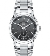 Subtle textures and contrasting brushed and polished stainless steel add understated style to this fine watch from ESQ by Movado. Silvertone stainless steel bracelet and round case. Round textured black dial with subdial, logo and stick indices. Quartz movement. Water resistant to 30 meters. Two-year limited warranty. Style #7301327