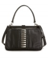 A stack of gunmetal pyramid studs embellishes a croc-embossed slanted panel on the the downtown-chic Lola frame satchel.
