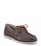 A cozier winter shoe with shearling lining and a classic boat shoe profile.