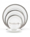 The unparalleled style of Noritake china has been gracefully setting tables for more than ninety years. The formal place settings from Crestwood Platinum's collection of dinnerware and dishes feature crisp white china embellished with a shimmering border of interlocking scrolled leaves and an edge of polished platinum.