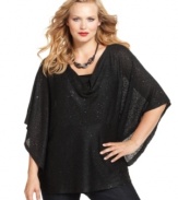 A sweater like none other, from Alfani. This plus size poncho mixes a sultry, sheer knit with sparkling sequins for maximum wow! effect.