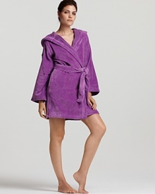 Plush, absorbent, and colorful women's robe with a hood and large bouclé croc on the shoulder. Plush, absorbent, and colorful women's robe with a hood and large bouclé croc on the shoulder.
