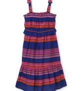 Popsicle colored stripes and a ruffle-embellished neckline invigorate this Little Marc Jacobs dress.