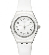 The wonderful blend of shimmering crystals and polished steel create this Plummy White watch from Swatch.