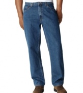 Stonewashed 5-pocket jeans feature a relaxed mid-rise fit with straight leg and zip fly. Leg opening measures 19.