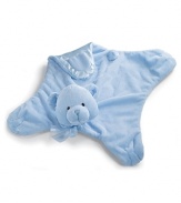 Gund soft and plush teddy blanket features a full satin underside. The cutest bearskin in a comfy and cozy plush fabric. With ascending bear's head on one side. It will surely be his favorite blanket.