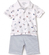 This nautical themed print polo and complementary stripe short will give your little cap'n his sea legs in a snap.