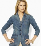 An allover contrasting topstitch accentuates the finely tailored construction of this sleek denim blazer from Lauren Jeans Co.