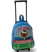 From Gund, an cool colorblock packpack on wheels, with an expandable handle and plush football tucked in the back pocket.