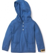 A pullover hoodie with cool patch pockets and henley placket from Pearls & Popcorn is comfy for lounging or out and about.