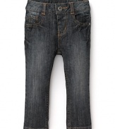 Pearls & Popcorn delivers essential five pocket jeans with slight distressing--must-haves with cableknit sweaters and basic tees.
