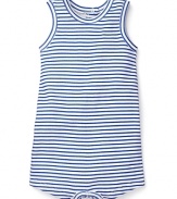 Nautical stripes and a quirky-cool diving man printed on back give this adorable Pearls & Popcorn romper a whimsical feel.