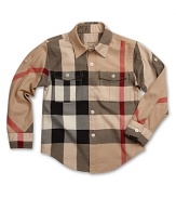 Oversized Burberry check on a timeless button-up silhouette for big Brit style.