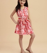 This essential, warm-weather-ready frock is blooming with a bold floral print and striped belt for a pretty, A-line ensemble.ScoopneckSleevelessButtonfrontFront patch pocketBelted waistbandPolyesterMachine washImported Please note: Number of buttons may vary depending on size ordered. 
