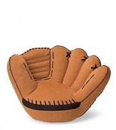 Gund hits a home run with this plush baseball glove chair, cleverly outfitted with five fingers, webbing and stitch print allover.