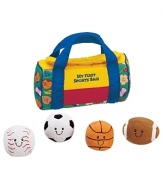 Gund My First Sports Bag. Your precious little one's favorite plush duffel bag holds assorted plush balls. The baseball crinkles, the basketball rattles, the soccer ball boings, and the football squeaks. All sport smiley faces.