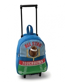 From Gund, an cool colorblock packpack on wheels, with an expandable handle and plush football tucked in the back pocket. From Gund, an cool colorblock packpack on wheels, with an expandable handle and plush football tucked in the back pocket.