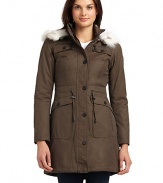 THE LOOKRemovable fox fur-lined hoodDual zip pockets with snap detail at chestZip front with snap closureDrawstring tie at waistDual snap pocket with angled seam pocketsLong sleeves with snap cuffsVented back hemTHE FITAbout 34 from shoulder to hemTHE MATERIALCotton/nylonFur: natural fox furFully linedCARE & ORIGINDry cleanImportedFur origin: made in ChinaModel shown is 5'9 (175cm) wearing US size Small. 