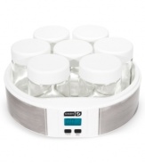 A quicker, healthier, cost-saving way to make yogurt at home. In just 8 to 12 hours, this smart tool will revolutionize the way your kitchen works by dishing out delicious, fresh yogurt with a lower sugar content. With 7 dishwasher-safe glass jars, you can add in your favorite fruits and create new flavors. 1-year warranty. Model DSY007CM.