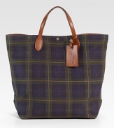 A handsome tote in a heritage-rich tartan plaid canvas, finished with supple calfskin trim and custom-made brass hardware. Snap closure Top handle Leather ID tag Interior pockets Fully lined 15¼W X 20H X 5D Imported 