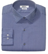 In an always-crisp navy stripe, this dress shirt from DKNY is the right way to enliven your suit.