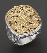 14K yellow gold and sterling silver ring, detailed with a mythological motif.