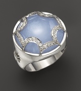This bold lavender chalcedony dome ring, set in sterling silver, gets a dramatic finish with a white sapphire Maltese cross. By Elizabeth Showers.